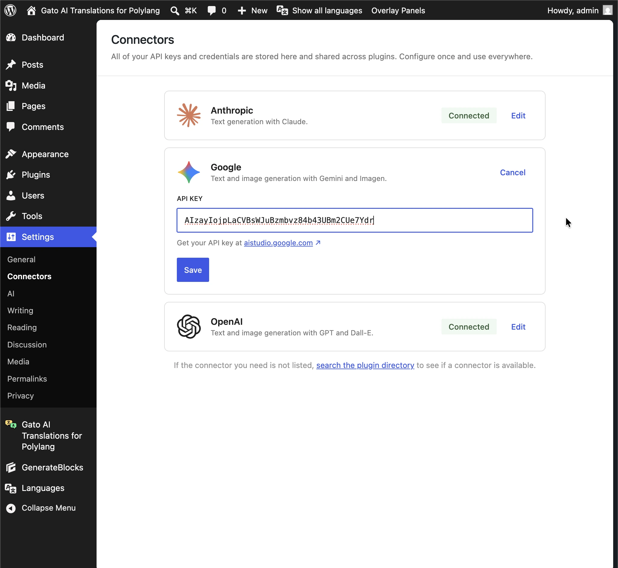 API keys สำหรับ Anthropic, Google และ OpenAI ถูกนำมาจาก WordPress AI Connectors