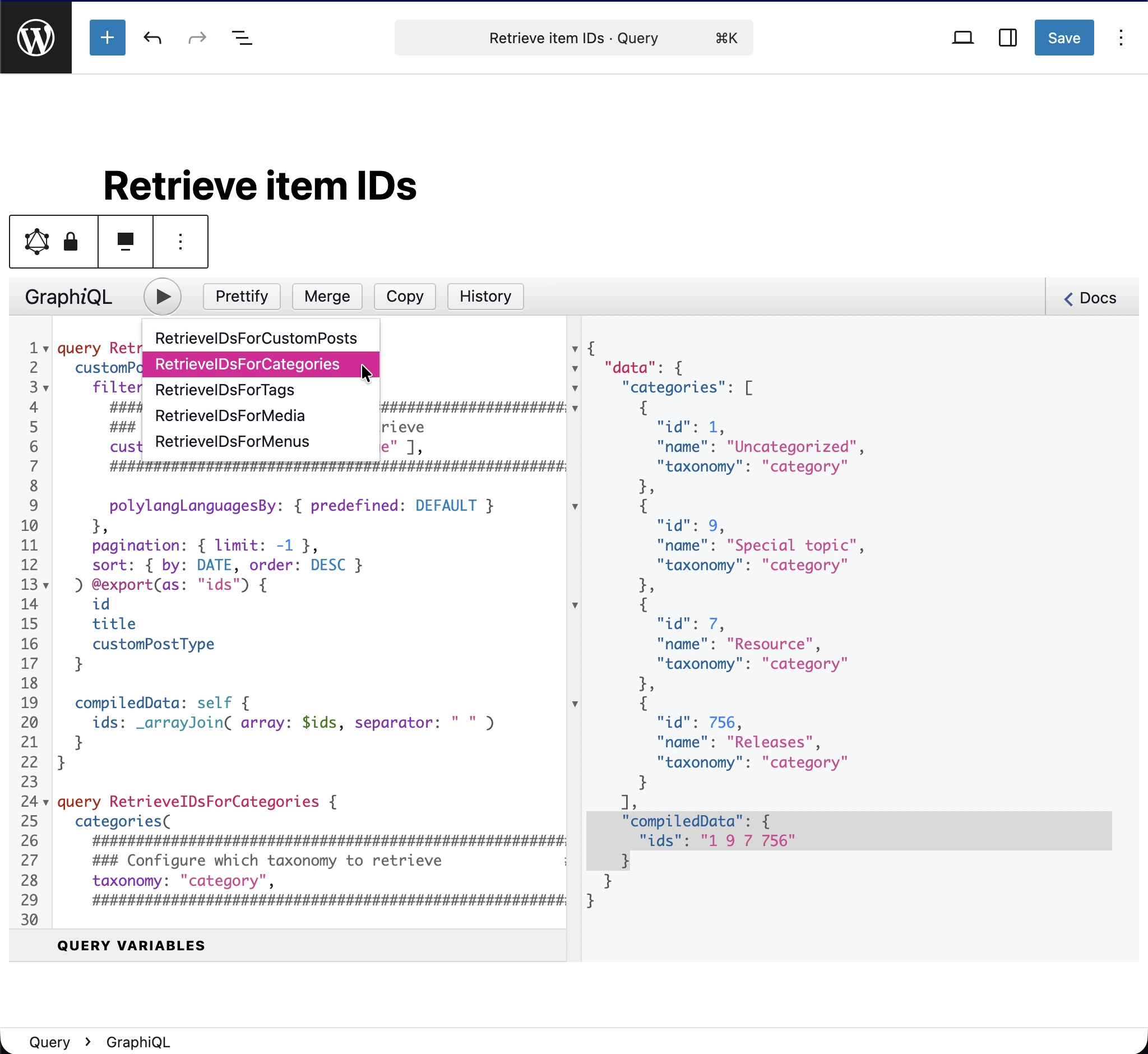 การรัน query 'Retrieve item IDs'