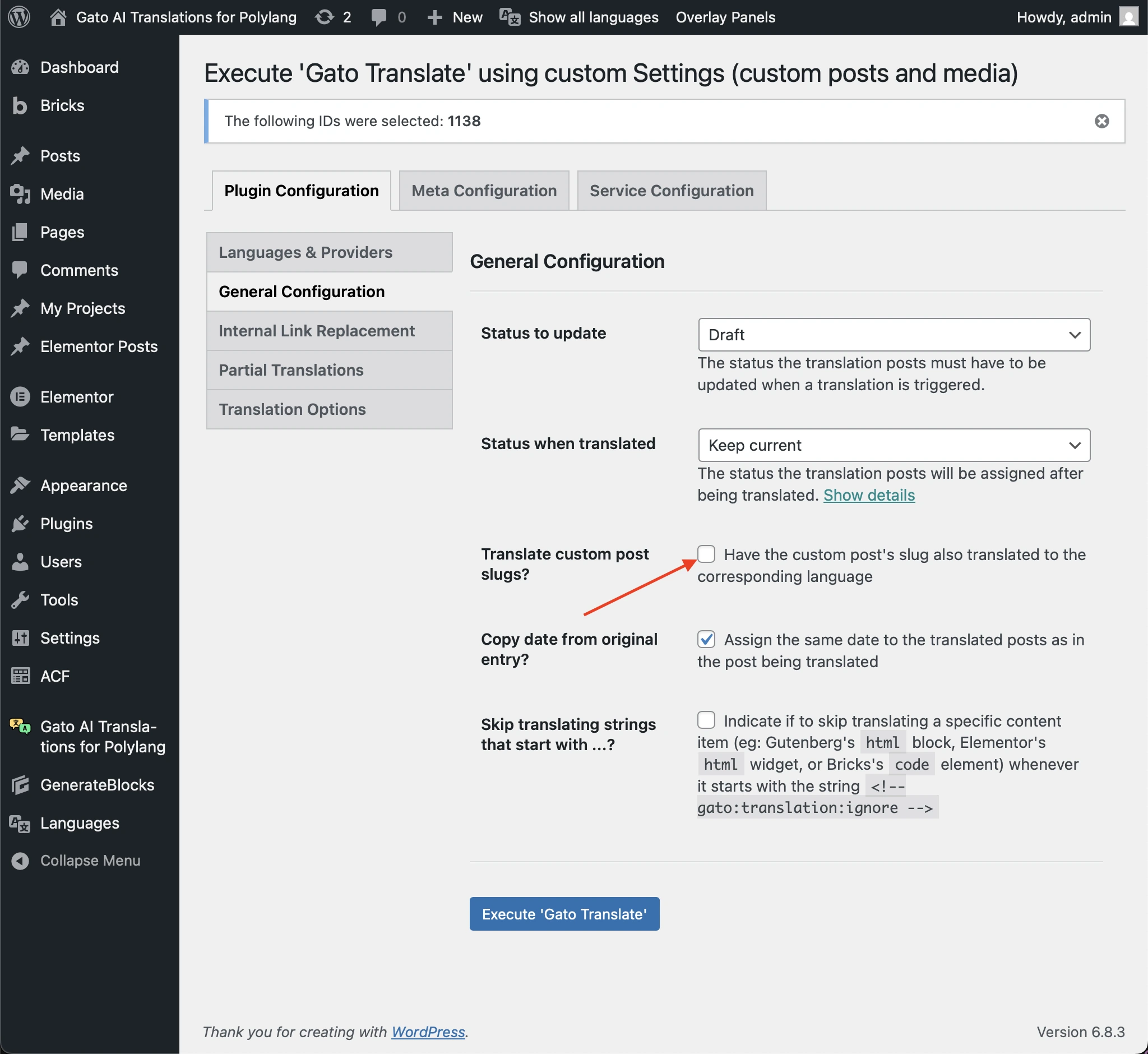 การยกเลิกการเลือกตัวเลือก 'Translate custom post slugs?'