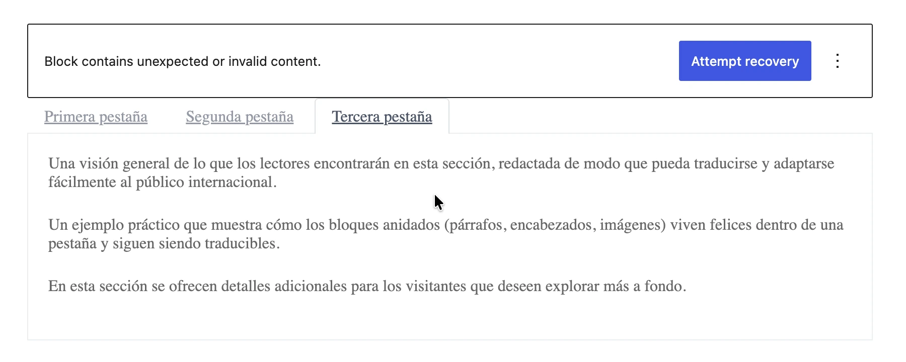 บล็อก Kadence tabs ที่แปลแล้วแสดงการแจ้งเตือน Attempt Recovery