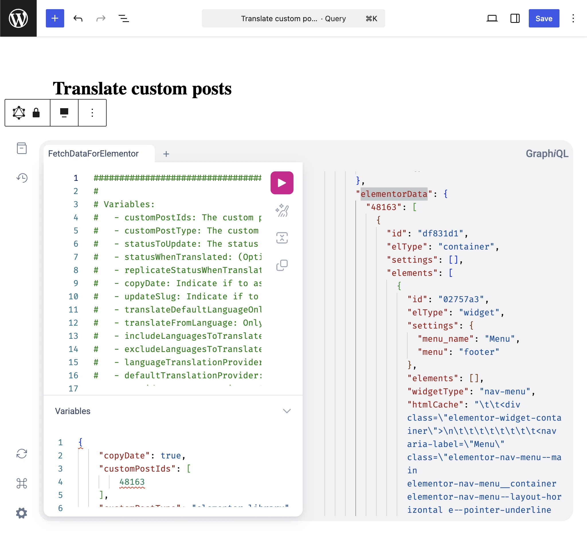 การตรวจสอบ elementorData ใน Translate custom posts GraphQL response