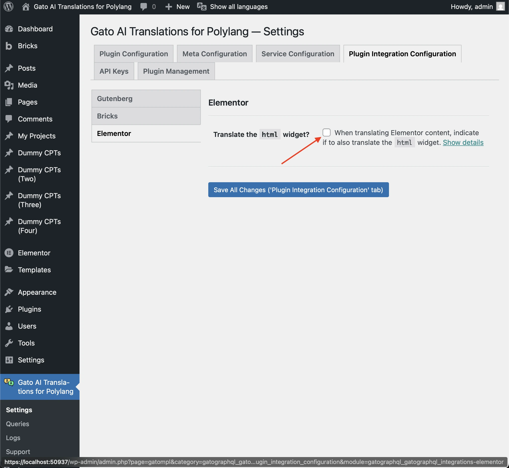 เปิดใช้งานการแปล Elementor HTML widget ในการตั้งค่า