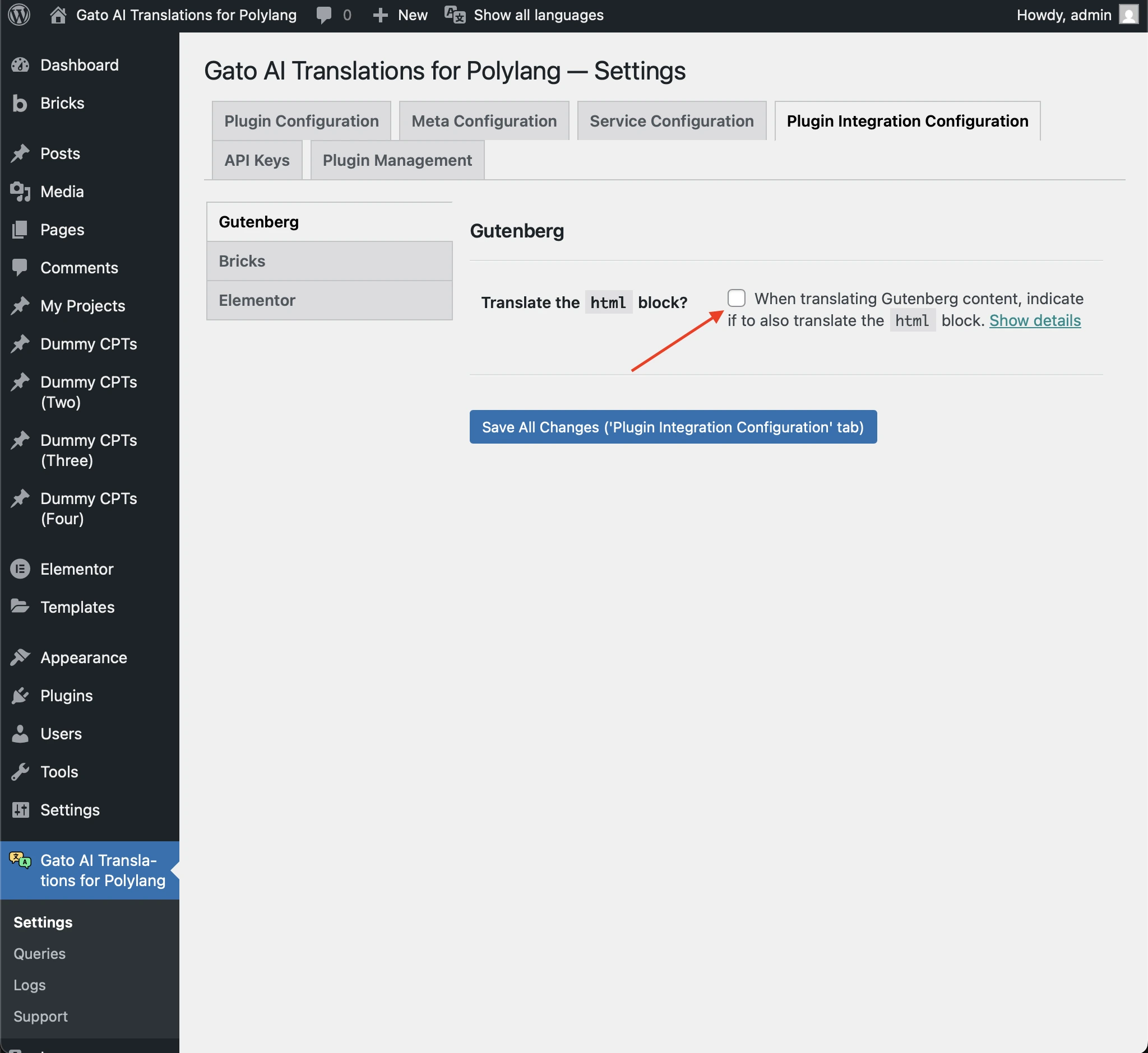 เปิดใช้งานการแปล Gutenberg HTML block ในการตั้งค่า