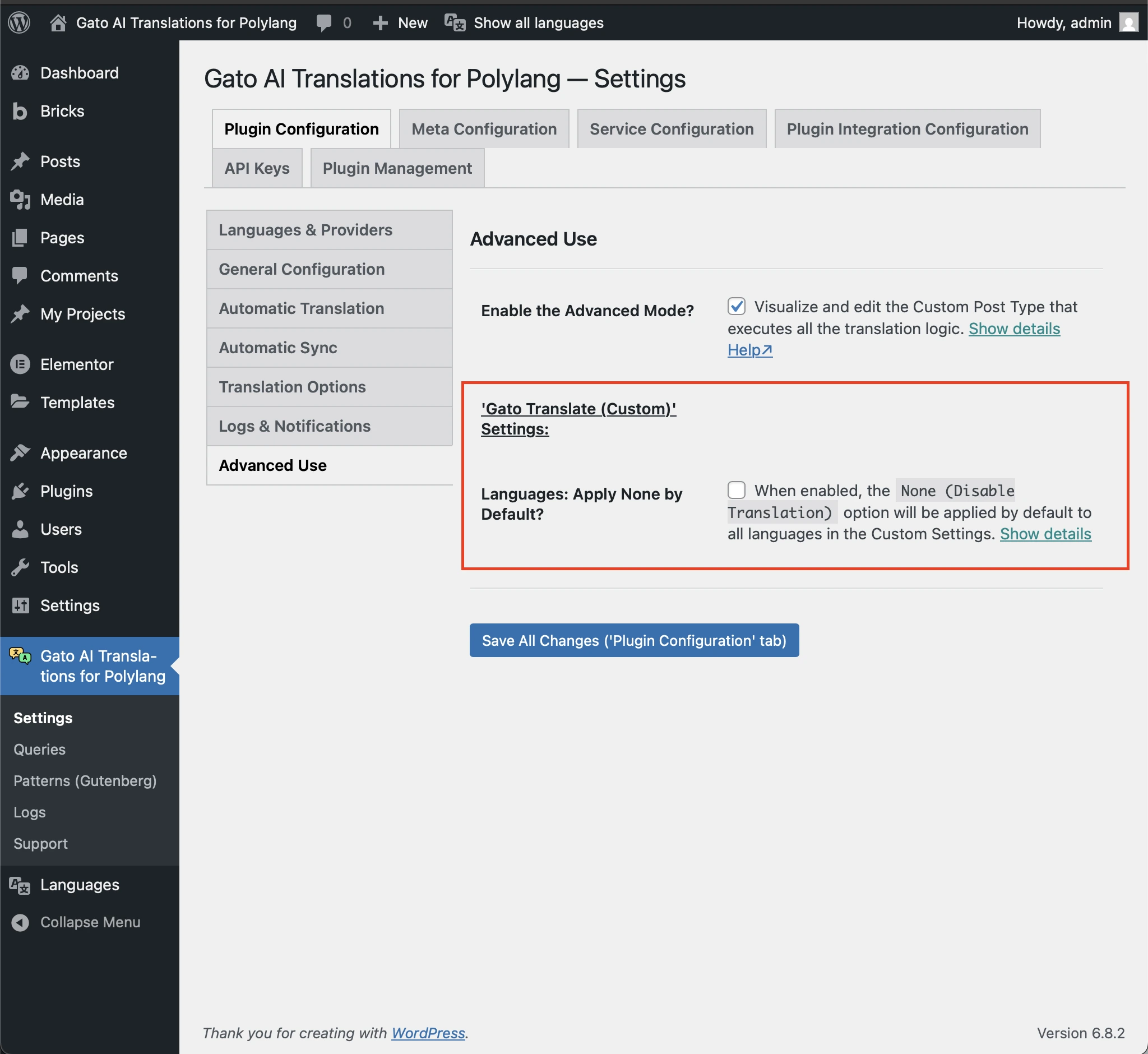 ใช้ None (Disable Translation) กับทุกภาษาโดยค่าเริ่มต้นใน Custom Settings