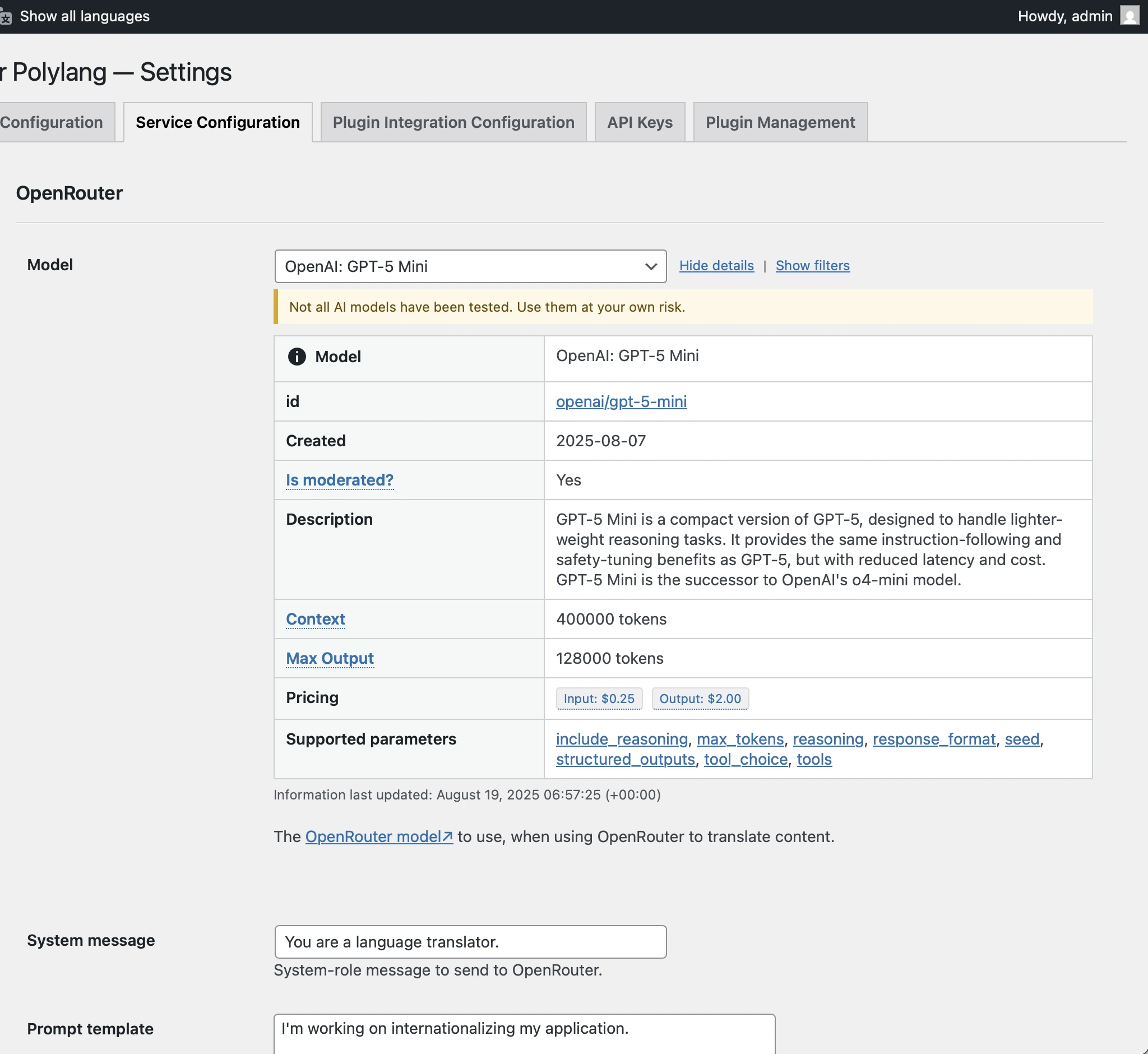 การแสดงรายละเอียดของโมเดล AI ที่มีบน OpenRouter