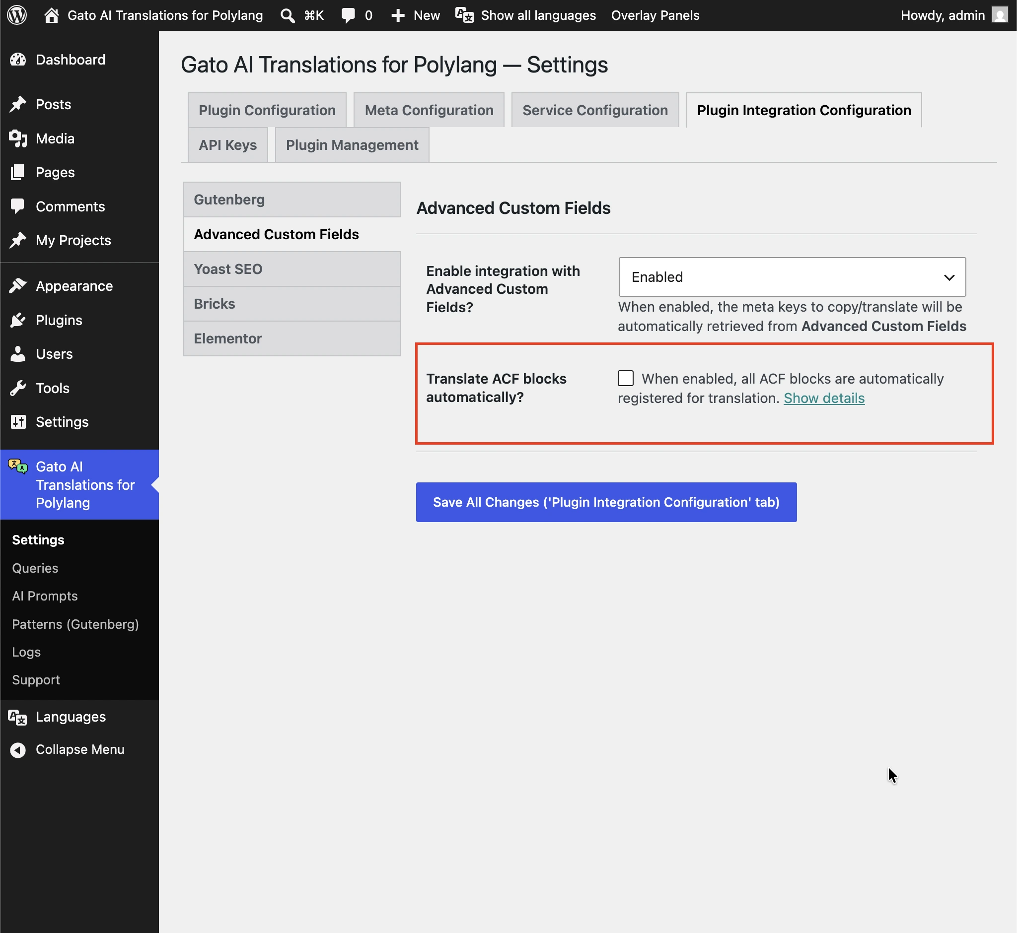 การเปิดใช้งานการแปลอัตโนมัติสำหรับ ACF blocks