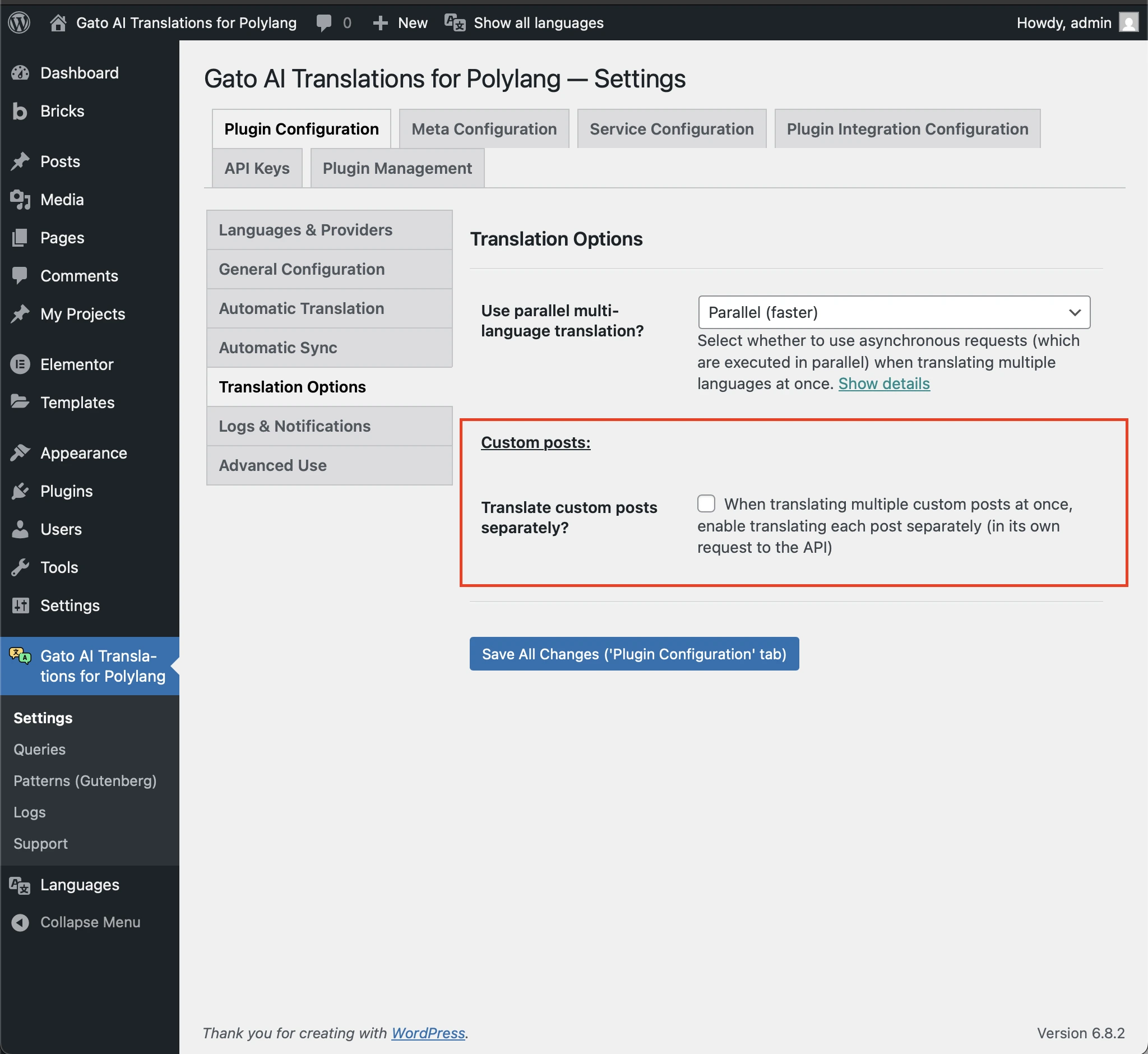 ตัวเลือก 'Translate custom posts separately?' ในหน้า Settings