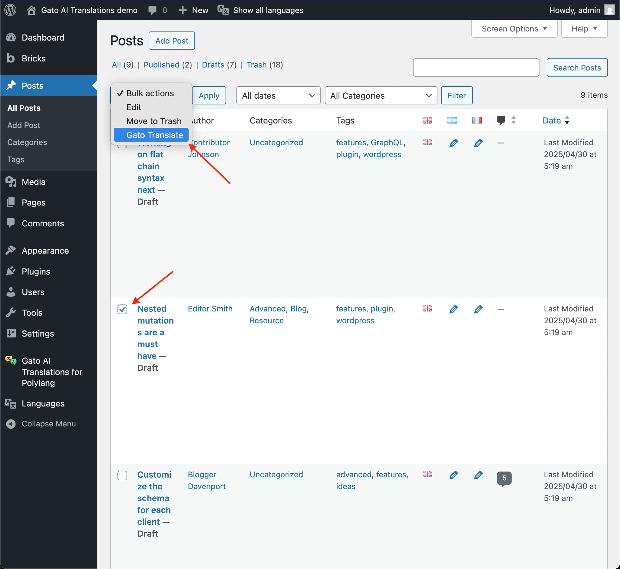 การแปลหลายโพสต์พร้อมกันผ่าน Bulk Actions → Gato Translate