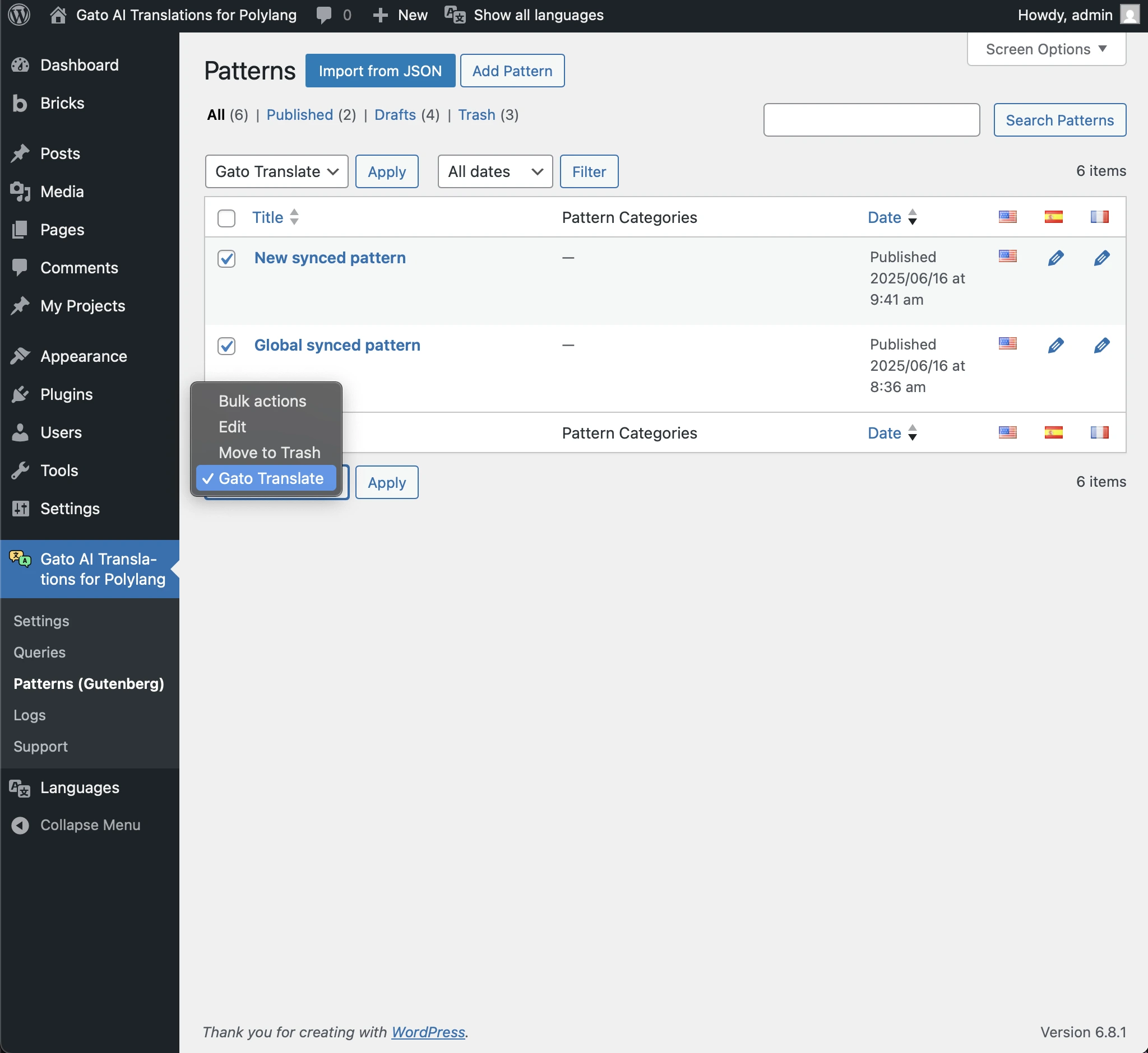 การแปล patterns ผ่าน Bulk Actions