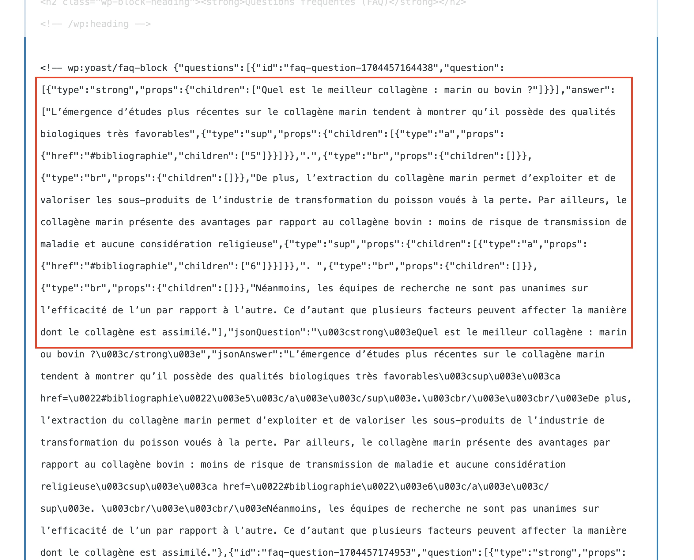 โค้ดของบล็อก Yoast FAQ ที่มีแท็ก HTML