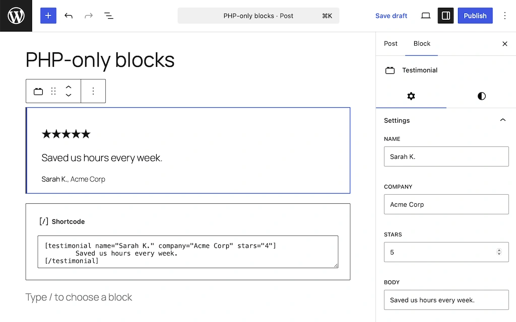 ตัวอย่าง WordPress custom block ที่สร้างด้วย PHP เพียงอย่างเดียว