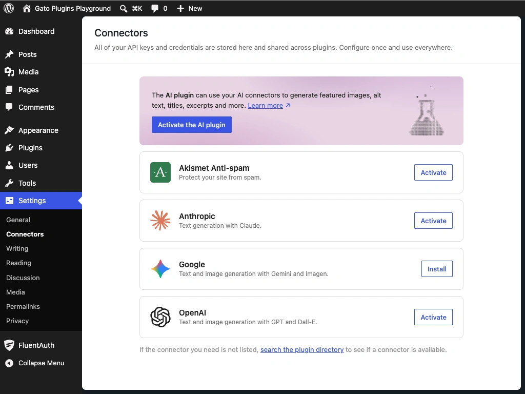 หน้าจอผู้ดูแลระบบ WordPress AI Connectors